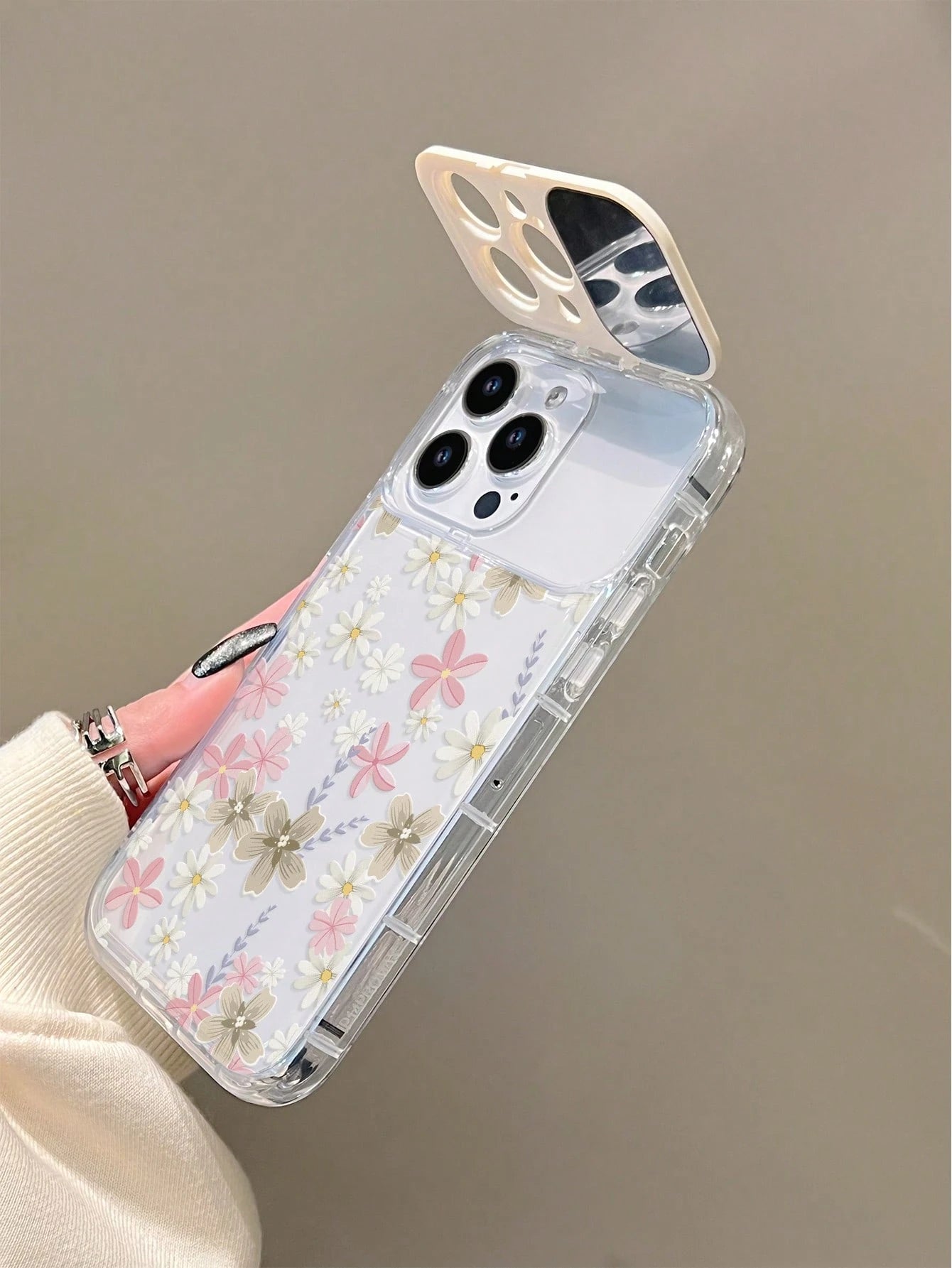 Floral Elements TPU White Pink Stand Phone Case TPU White Pink Floral Elements Stand Phone Case Mirror Elements Sliding Mirror Stand Transparent TPU Flower Phone Case With Mirror Stand Compatible With