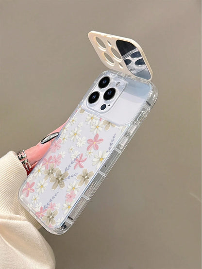 Floral Elements TPU White Pink Stand Phone Case TPU White Pink Floral Elements Stand Phone Case Mirror Elements Sliding Mirror Stand Transparent TPU Flower Phone Case With Mirror Stand Compatible With