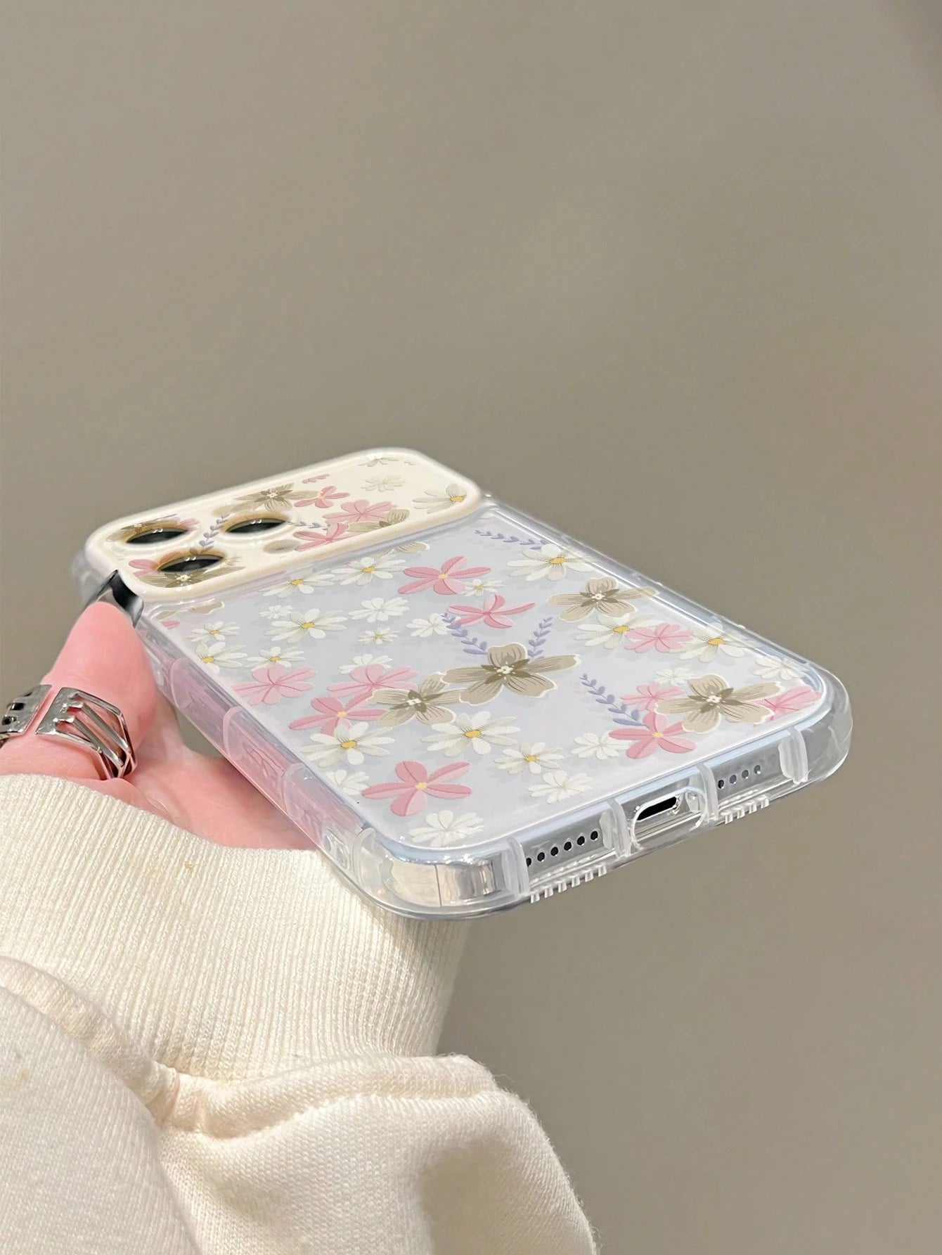 Floral Elements TPU White Pink Stand Phone Case TPU White Pink Floral Elements Stand Phone Case Mirror Elements Sliding Mirror Stand Transparent TPU Flower Phone Case With Mirror Stand Compatible With