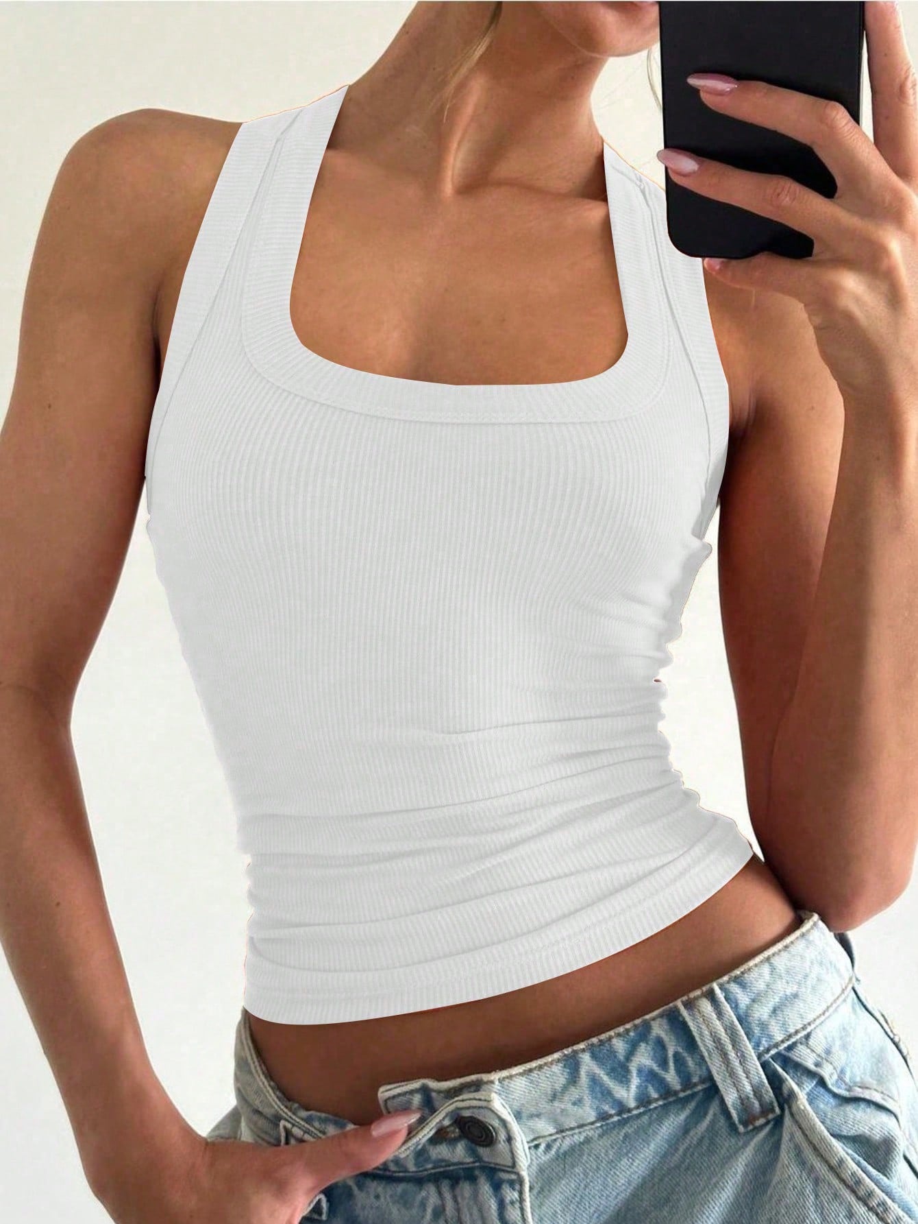 Floreya Square Neck Camisole Top For Women, Casual Slim Fit Sleeveless Crop Top, Versatile For Summer, Autumn & Spring White, Clean Girl Aesthetic