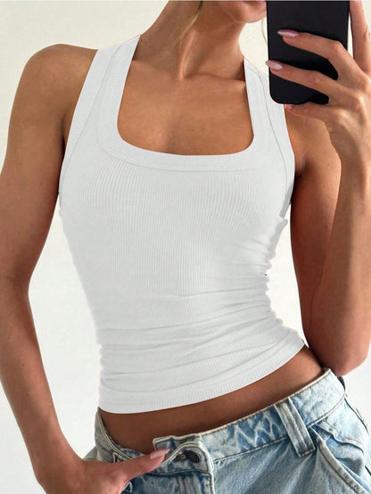 Floreya Square Neck Camisole Top For Women, Casual Slim Fit Sleeveless Crop Top, Versatile For Summer, Autumn & Spring White, Clean Girl Aesthetic