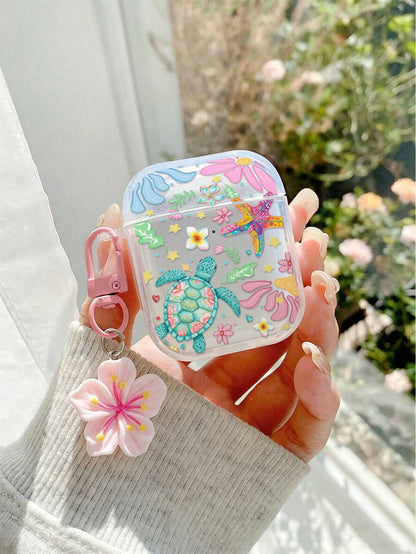 Flower Turtle Painted Transparent Bluetooth Earphone Case With Attached Bracelet, Fashionable Protective Cover For S4, Apple Wireless Bluetooth Earphone Shell, Glossy Pro2 Full Coverage Pods 31/2/3 Ge
