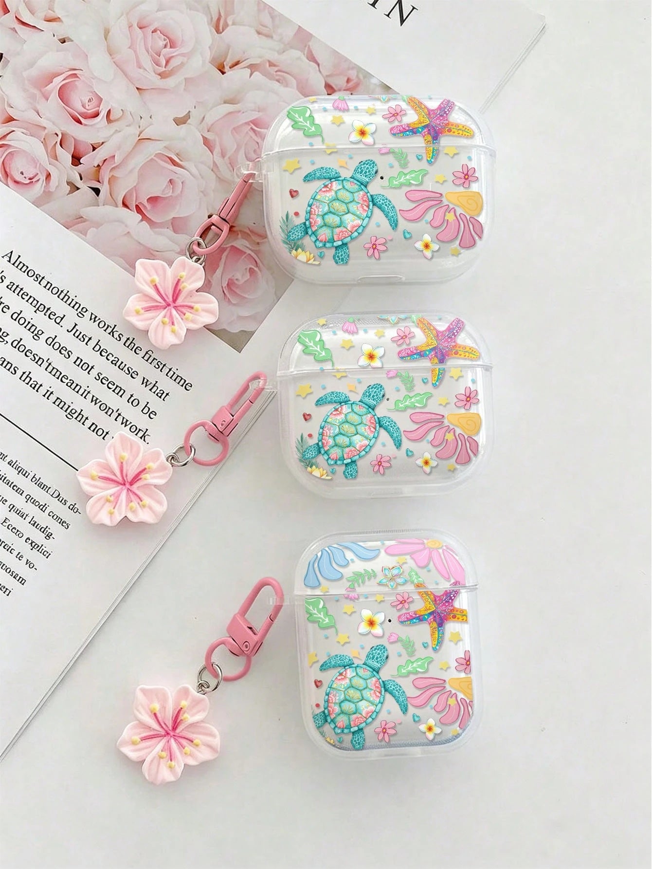 Flower Turtle Painted Transparent Bluetooth Earphone Case With Attached Bracelet, Fashionable Protective Cover For S4, Apple Wireless Bluetooth Earphone Shell, Glossy Pro2 Full Coverage Pods 31/2/3 Ge