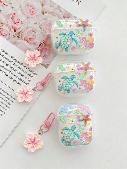 Flower Turtle Painted Transparent Bluetooth Earphone Case With Attached Bracelet, Fashionable Protective Cover For S4, Apple Wireless Bluetooth Earphone Shell, Glossy Pro2 Full Coverage Pods 31/2/3 Ge