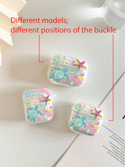 Flower Turtle Painted Transparent Bluetooth Earphone Case With Attached Bracelet, Fashionable Protective Cover For S4, Apple Wireless Bluetooth Earphone Shell, Glossy Pro2 Full Coverage Pods 31/2/3 Ge