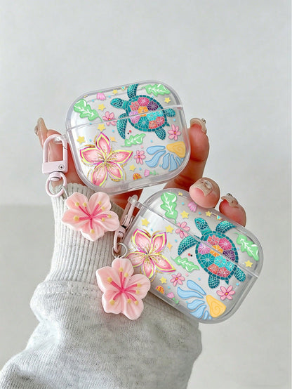 Flower Turtle Painted Transparent Bluetooth Earphone Case With Attached Bracelet, Fashionable Protective Cover For S4, Apple Wireless Bluetooth Earphone Shell, Glossy Pro2 Full Coverage Pods 31/2/3 Ge