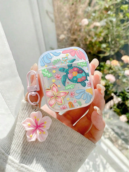 Flower Turtle Painted Transparent Bluetooth Earphone Case With Attached Bracelet, Fashionable Protective Cover For S4, Apple Wireless Bluetooth Earphone Shell, Glossy Pro2 Full Coverage Pods 31/2/3 Ge