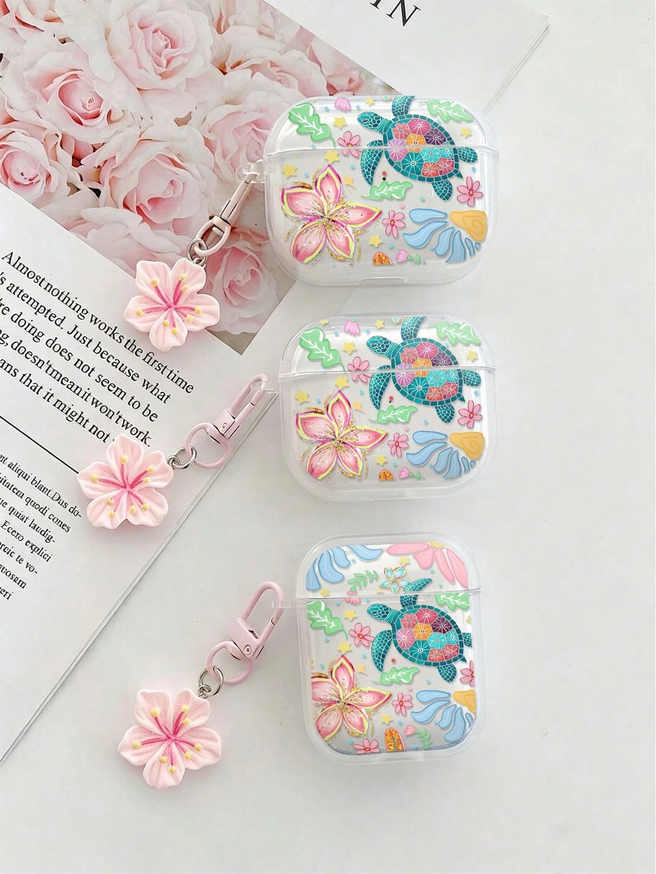 Flower Turtle Painted Transparent Bluetooth Earphone Case With Attached Bracelet, Fashionable Protective Cover For S4, Apple Wireless Bluetooth Earphone Shell, Glossy Pro2 Full Coverage Pods 31/2/3 Ge