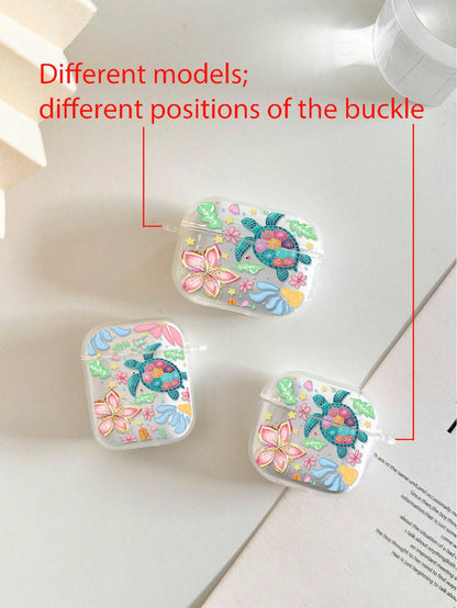 Flower Turtle Painted Transparent Bluetooth Earphone Case With Attached Bracelet, Fashionable Protective Cover For S4, Apple Wireless Bluetooth Earphone Shell, Glossy Pro2 Full Coverage Pods 31/2/3 Ge