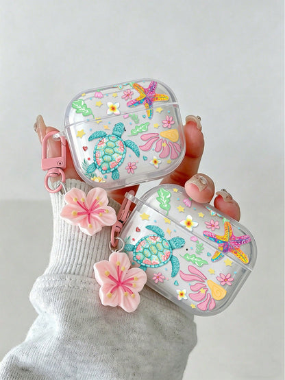 Flower Turtle Painted Transparent Bluetooth Earphone Case With Attached Bracelet, Fashionable Protective Cover For S4, Apple Wireless Bluetooth Earphone Shell, Glossy Pro2 Full Coverage Pods 31/2/3 Ge