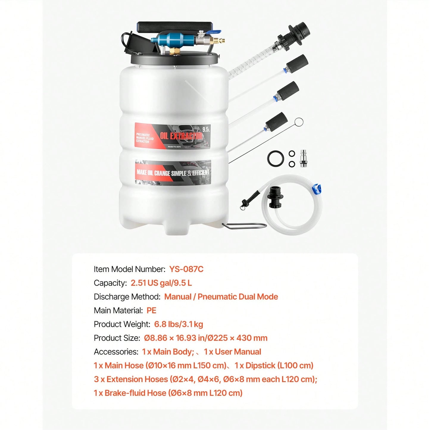 Fluid Extractor, 9.5 L Capacity, Pneumatic/Manual Vacuum Oil Extractor Pump With 59 In Long Horse & Three 47 In Extension Tubes, Oil Change Pump With PE Tank For Cars, Lawn Mowers, Boats