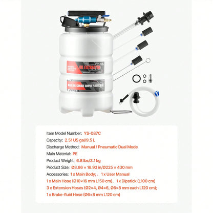 Fluid Extractor, 9.5 L Capacity, Pneumatic/Manual Vacuum Oil Extractor Pump With 59 In Long Horse & Three 47 In Extension Tubes, Oil Change Pump With PE Tank For Cars, Lawn Mowers, Boats