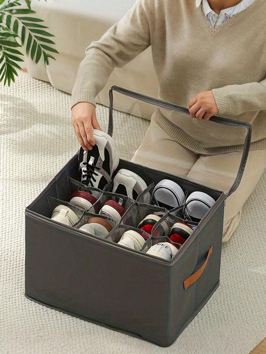 Foldable Fabric Shoe Box, Holds Up To 12 Or 16 Pairs Of Shoes, Large Capacity Fabric Shoe Box With Lid, Adjustable Dividers, Transparent Cover, Waterproof And Dustproof, Foldable Storage, Multi-Functi