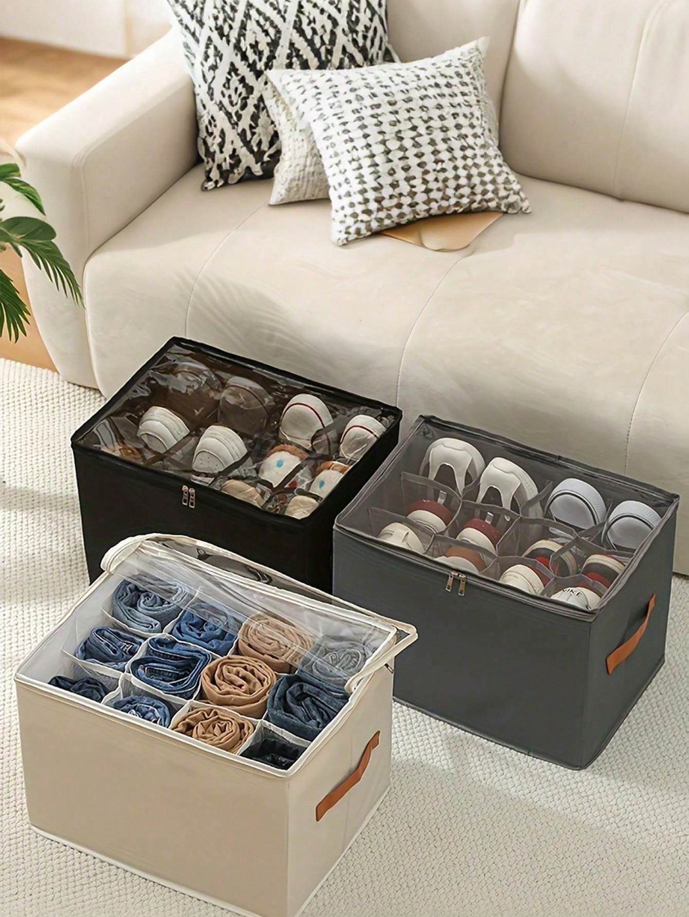 Foldable Fabric Shoe Box, Holds Up To 12 Or 16 Pairs Of Shoes, Large Capacity Fabric Shoe Box With Lid, Adjustable Dividers, Transparent Cover, Waterproof And Dustproof, Foldable Storage, Multi-Functi