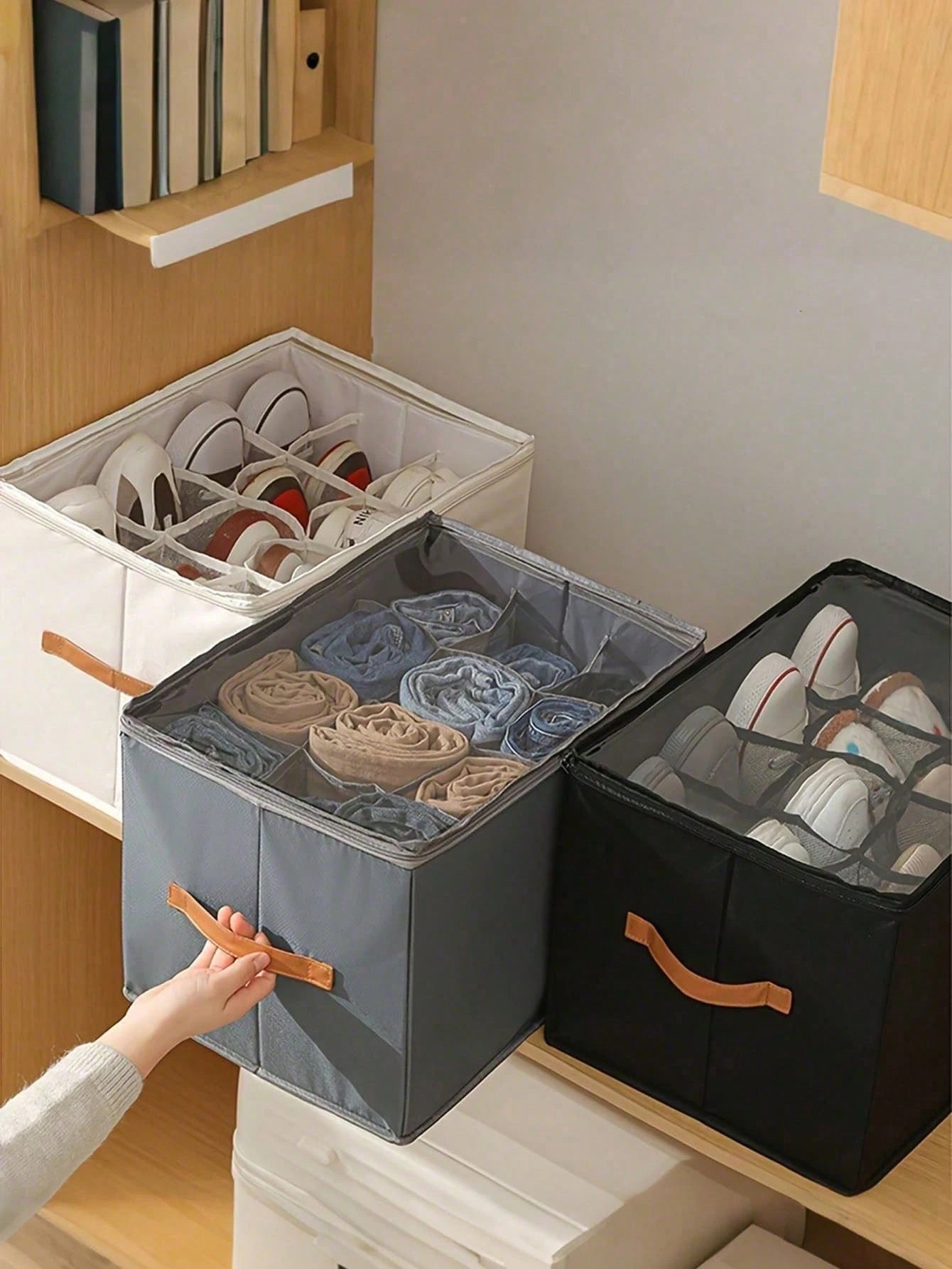 Foldable Fabric Shoe Box, Holds Up To 12 Or 16 Pairs Of Shoes, Large Capacity Fabric Shoe Box With Lid, Adjustable Dividers, Transparent Cover, Waterproof And Dustproof, Foldable Storage, Multi-Functi