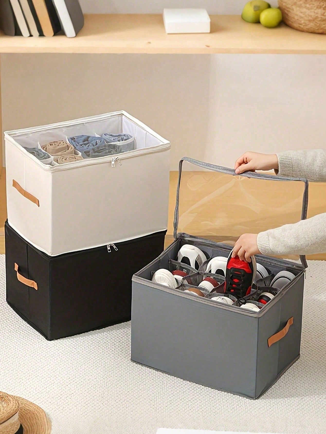 Foldable Fabric Shoe Box, Holds Up To 12 Or 16 Pairs Of Shoes, Large Capacity Fabric Shoe Box With Lid, Adjustable Dividers, Transparent Cover, Waterproof And Dustproof, Foldable Storage, Multi-Functi
