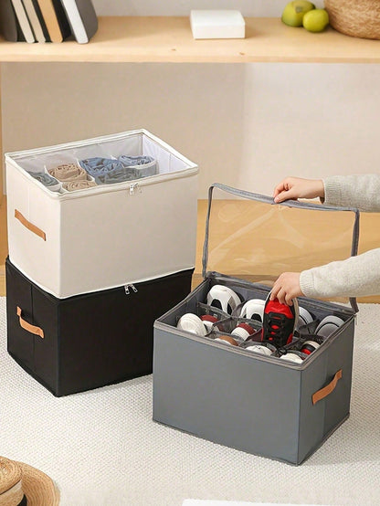 Foldable Fabric Shoe Box, Holds Up To 12 Or 16 Pairs Of Shoes, Large Capacity Fabric Shoe Box With Lid, Adjustable Dividers, Transparent Cover, Waterproof And Dustproof, Foldable Storage, Multi-Functi