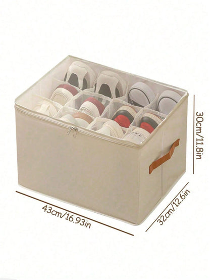 Foldable Fabric Shoe Box, Holds Up To 12 Or 16 Pairs Of Shoes, Large Capacity Fabric Shoe Box With Lid, Adjustable Dividers, Transparent Cover, Waterproof And Dustproof, Foldable Storage, Multi-Functi