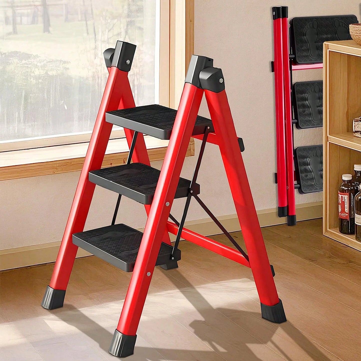 Folding 3 Step Ladder, Sturdy 330 Lbs Load Small Step Stool For Adults, Safer Full Steel Multi-Use Kitchen Ladder For Home, Closet Step Stool Ladder With Wide Pedals, Lightweight, Portable Steel Step