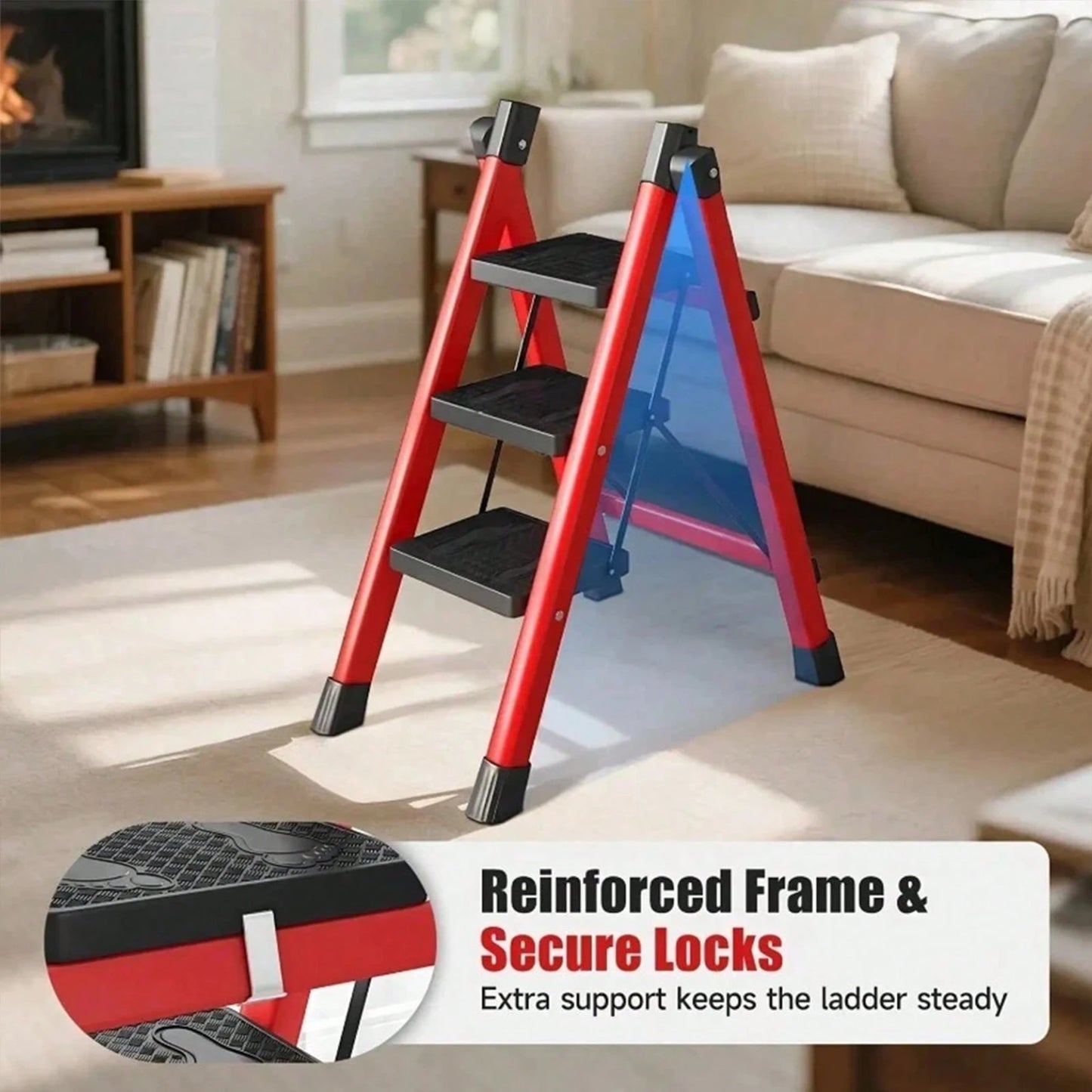 Folding 3 Step Ladder, Sturdy 330 Lbs Load Small Step Stool For Adults, Safer Full Steel Multi-Use Kitchen Ladder For Home, Closet Step Stool Ladder With Wide Pedals, Lightweight, Portable Steel Step