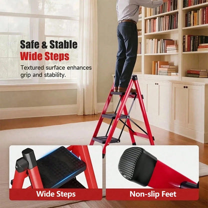 Folding 3 Step Ladder, Sturdy 330 Lbs Load Small Step Stool For Adults, Safer Full Steel Multi-Use Kitchen Ladder For Home, Closet Step Stool Ladder With Wide Pedals, Lightweight, Portable Steel Step