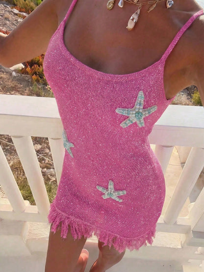 FOR BEAUTY Women's Y2K Rose Pink Camisole Dress, Starfish Print Tassel Hem, Sexy Backless, Suitable For Beach Party Or Vacation Summer