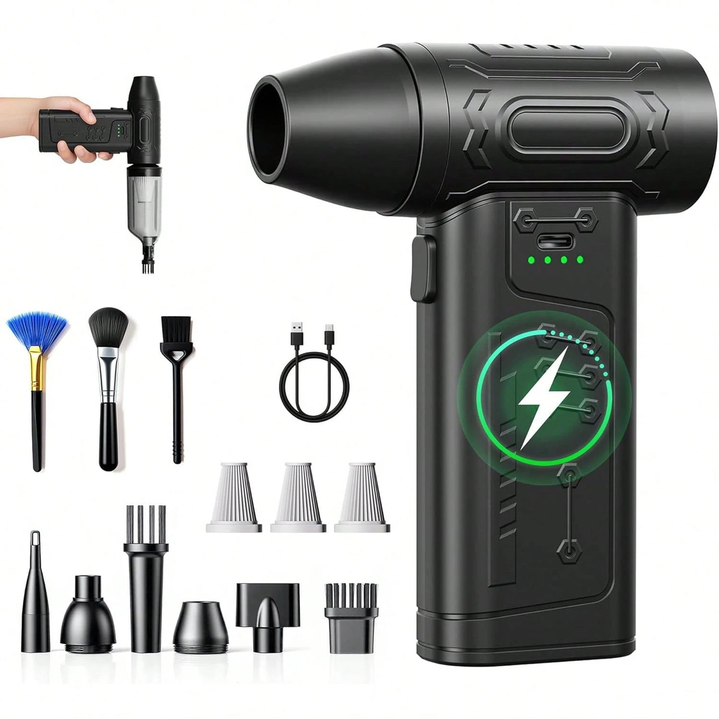 FOURQ 2-In-1 Handheld Car Vacuum Cleaner- 4000mAh High-Capacity Battery, Fast Charging, Powerful Wet/Dry Suction For Car, Home, And Pet Cleaning. Features USB-C Charging Port, Washable Filter, Low-No
