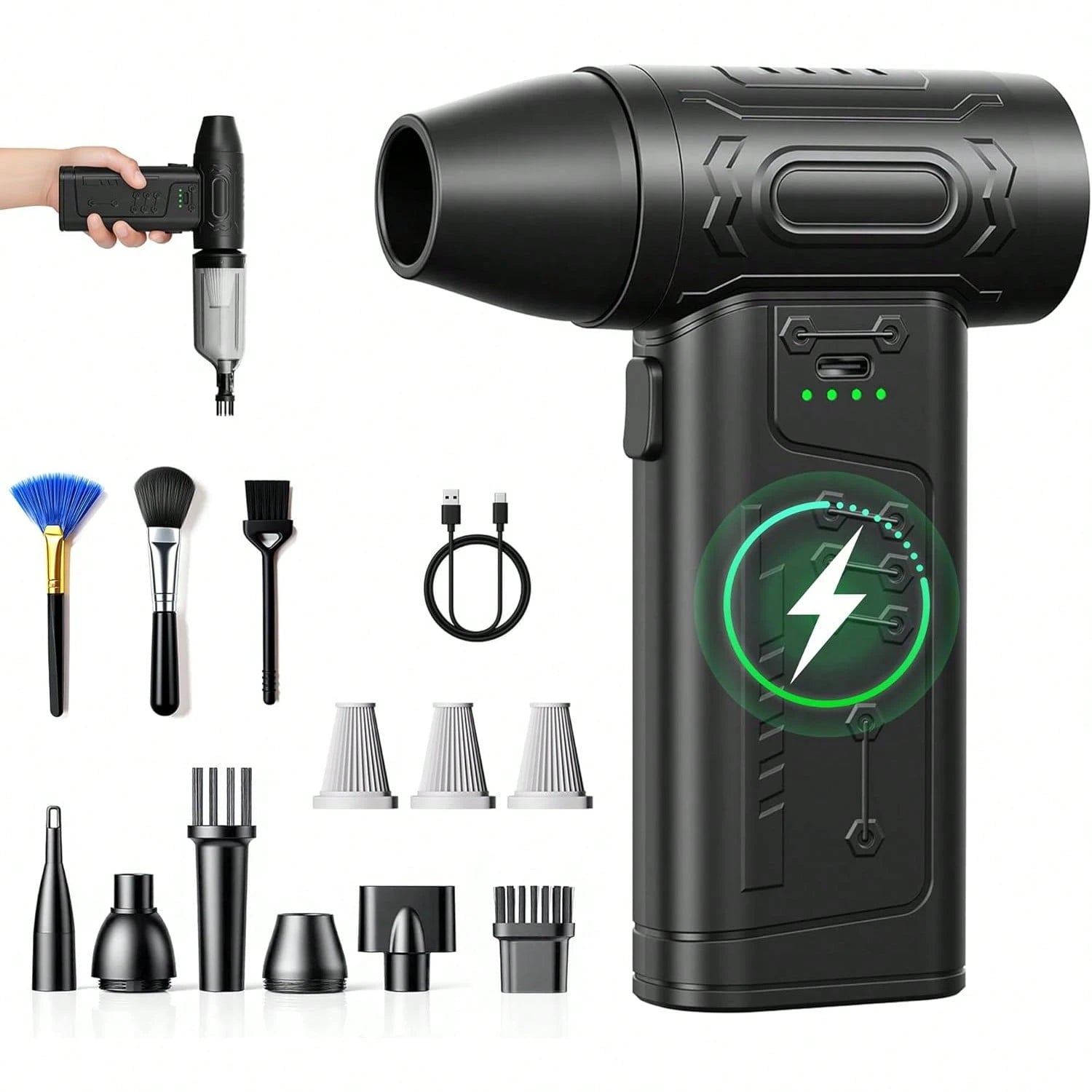 FOURQ 2-In-1 Handheld Car Vacuum Cleaner- 4000mAh High-Capacity Battery, Fast Charging, Powerful Wet/Dry Suction For Car, Home, And Pet Cleaning. Features USB-C Charging Port, Washable Filter, Low-No