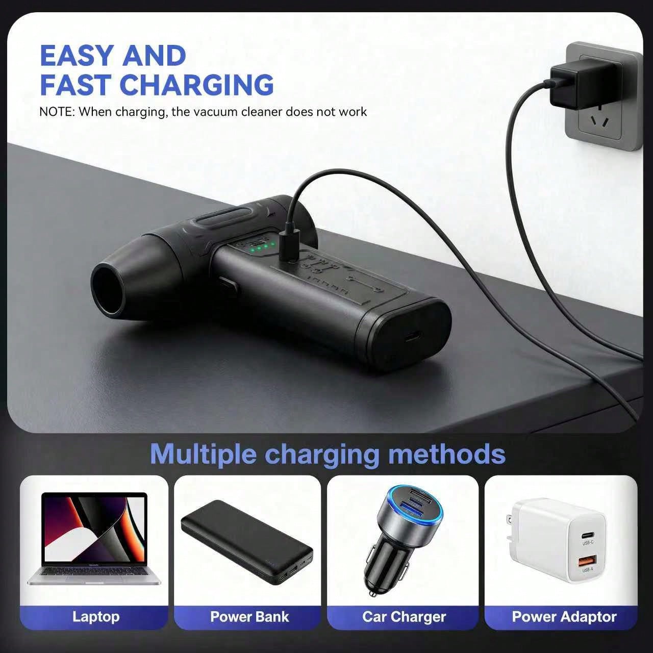 FOURQ 2-In-1 Handheld Car Vacuum Cleaner- 4000mAh High-Capacity Battery, Fast Charging, Powerful Wet/Dry Suction For Car, Home, And Pet Cleaning. Features USB-C Charging Port, Washable Filter, Low-No