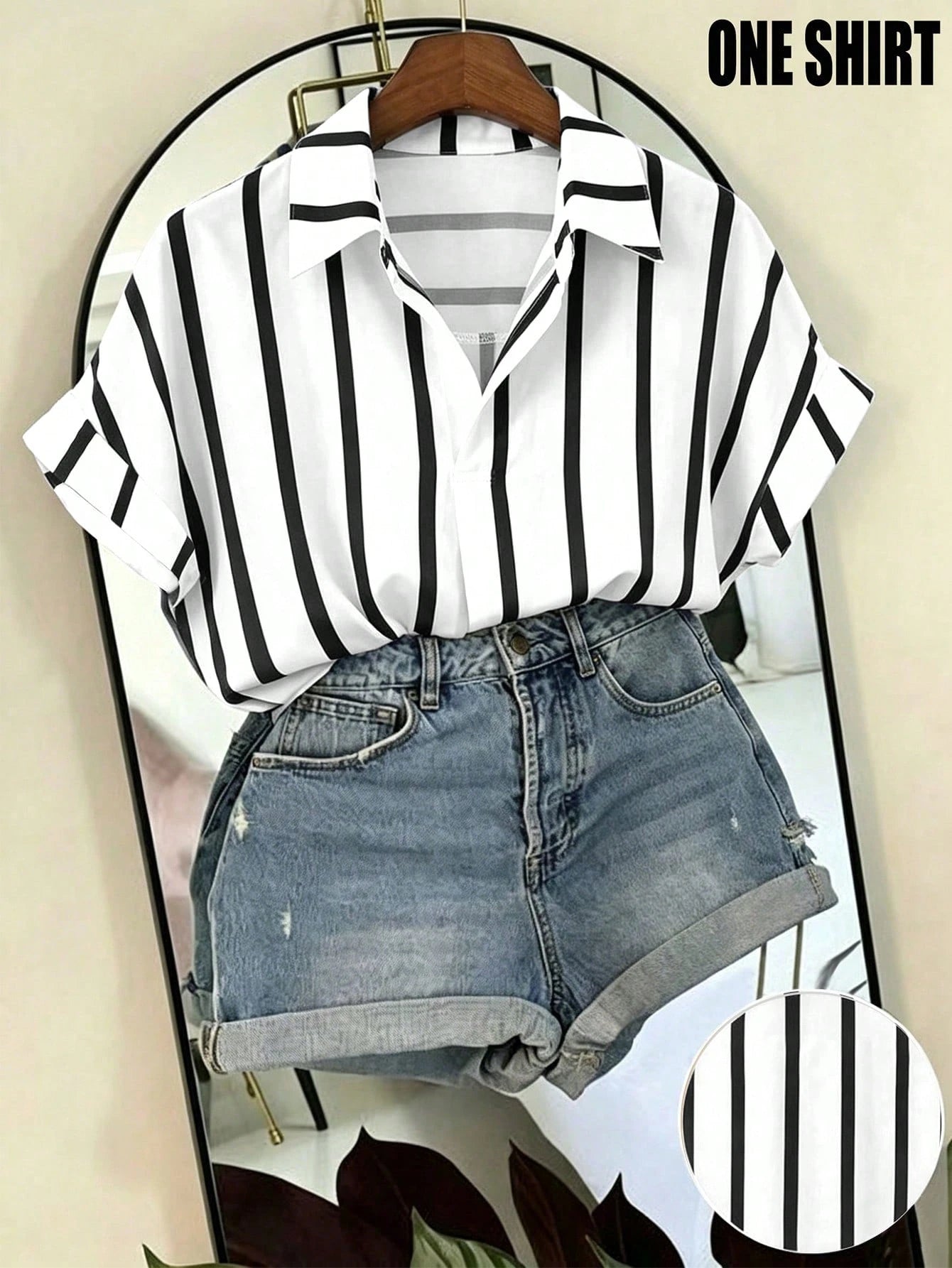 Franclia Black And White Striped Women's Summer Casual Vacation Shirt, French Design Loose Batwing Sleeve Lapel Short Sleeve Top, Beach