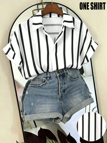 Franclia Black And White Striped Women's Summer Casual Vacation Shirt, French Design Loose Batwing Sleeve Lapel Short Sleeve Top, Beach
