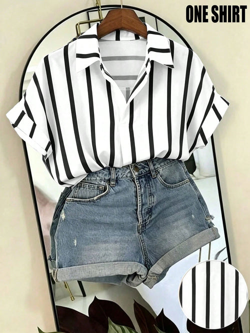 Franclia Black And White Striped Women's Summer Casual Vacation Shirt, French Design Loose Batwing Sleeve Lapel Short Sleeve Top, Beach