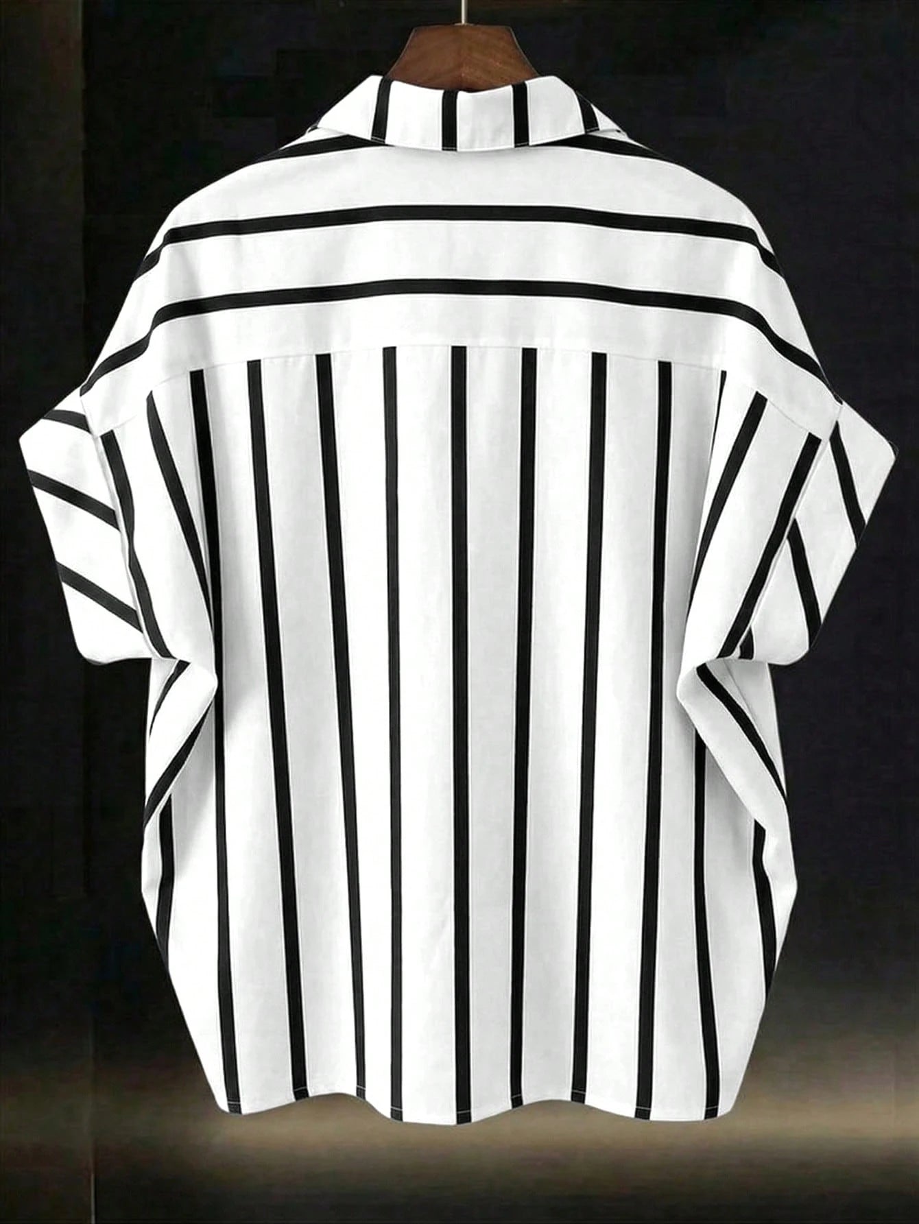 Franclia Black And White Striped Women's Summer Casual Vacation Shirt, French Design Loose Batwing Sleeve Lapel Short Sleeve Top, Beach