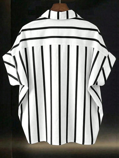 Franclia Black And White Striped Women's Summer Casual Vacation Shirt, French Design Loose Batwing Sleeve Lapel Short Sleeve Top, Beach