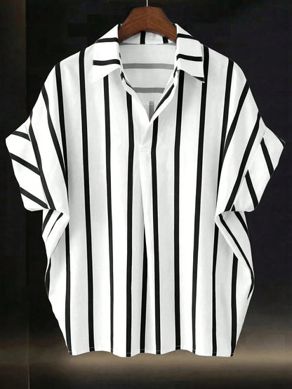 Franclia Black And White Striped Women's Summer Casual Vacation Shirt, French Design Loose Batwing Sleeve Lapel Short Sleeve Top, Beach