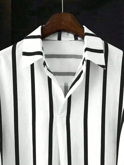 Franclia Black And White Striped Women's Summer Casual Vacation Shirt, French Design Loose Batwing Sleeve Lapel Short Sleeve Top, Beach