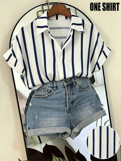Franclia Black And White Striped Women's Summer Casual Vacation Shirt, French Design Loose Batwing Sleeve Lapel Short Sleeve Top, Beach