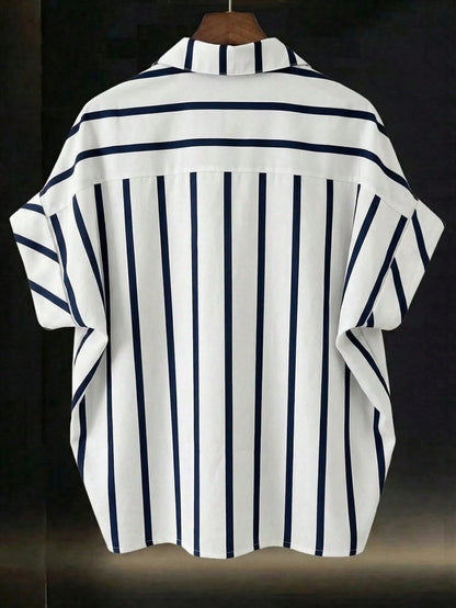 Franclia Black And White Striped Women's Summer Casual Vacation Shirt, French Design Loose Batwing Sleeve Lapel Short Sleeve Top, Beach
