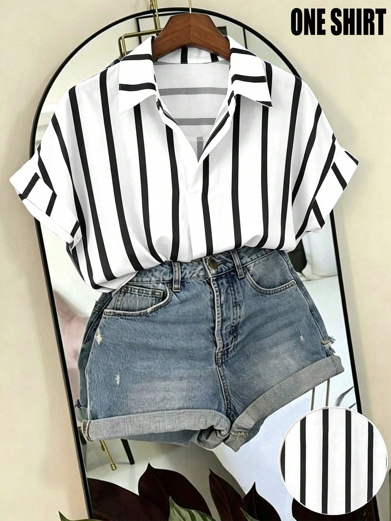 Franclia Black And White Striped Women's Summer Casual Vacation Shirt, French Design Loose Batwing Sleeve Lapel Short Sleeve Top, Beach