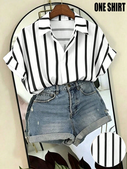 Franclia Black And White Striped Women's Summer Casual Vacation Shirt, French Design Loose Batwing Sleeve Lapel Short Sleeve Top, Beach
