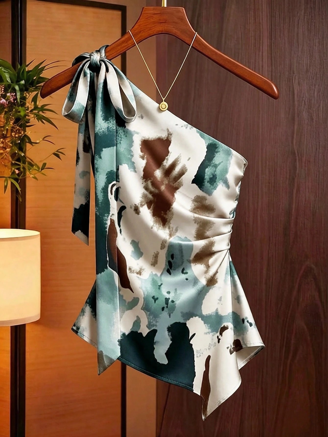 Franclia Caramel Brown Satin Asymmetric Shoulder Bow Decor Blouse,Summer Elegant Party Beige Ruched Fitted Top,Fashionable Niche Design Commuting Shirt