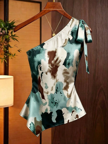 Franclia Caramel Brown Satin Asymmetric Shoulder Bow Decor Blouse,Summer Elegant Party Beige Ruched Fitted Top,Fashionable Niche Design Commuting Shirt