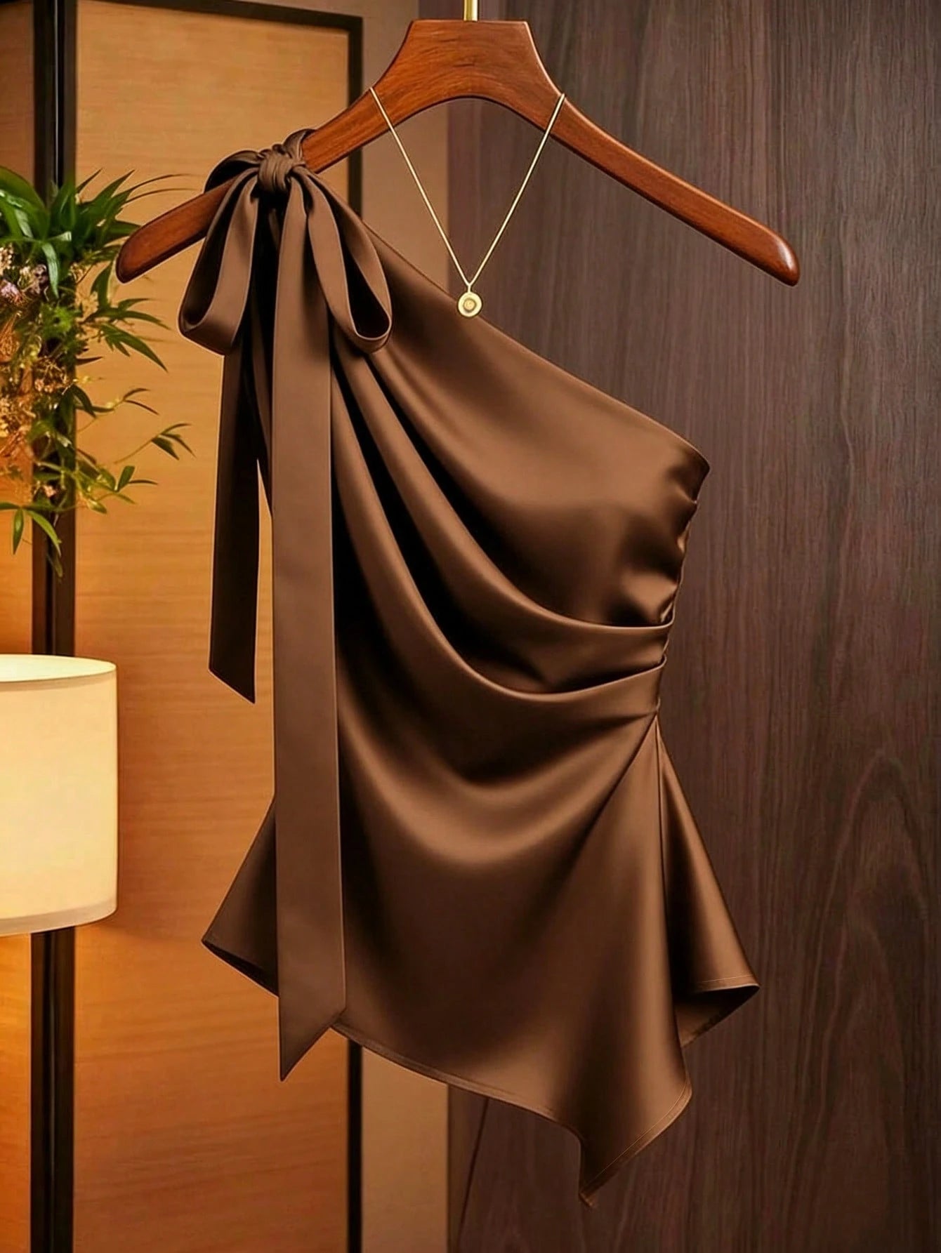 Franclia Caramel Brown Satin Asymmetric Shoulder Bow Decor Blouse,Summer Elegant Party Beige Ruched Fitted Top,Fashionable Niche Design Commuting Shirt