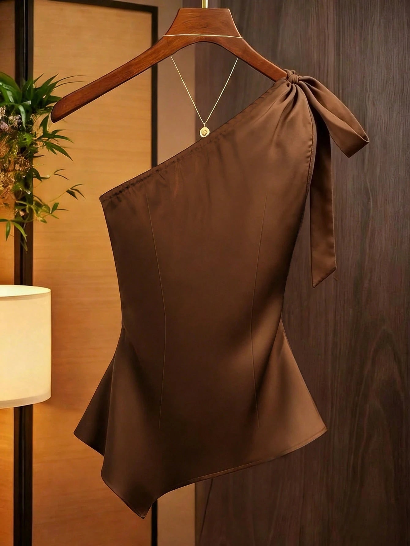 Franclia Caramel Brown Satin Asymmetric Shoulder Bow Decor Blouse,Summer Elegant Party Beige Ruched Fitted Top,Fashionable Niche Design Commuting Shirt