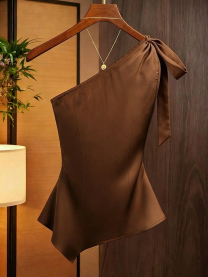 Franclia Caramel Brown Satin Asymmetric Shoulder Bow Decor Blouse,Summer Elegant Party Beige Ruched Fitted Top,Fashionable Niche Design Commuting Shirt