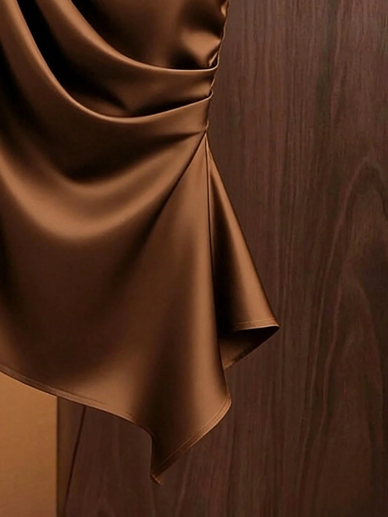 Franclia Caramel Brown Satin Asymmetric Shoulder Bow Decor Blouse,Summer Elegant Party Beige Ruched Fitted Top,Fashionable Niche Design Commuting Shirt