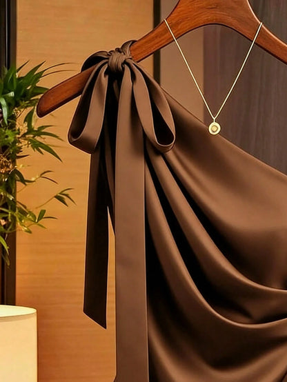 Franclia Caramel Brown Satin Asymmetric Shoulder Bow Decor Blouse,Summer Elegant Party Beige Ruched Fitted Top,Fashionable Niche Design Commuting Shirt