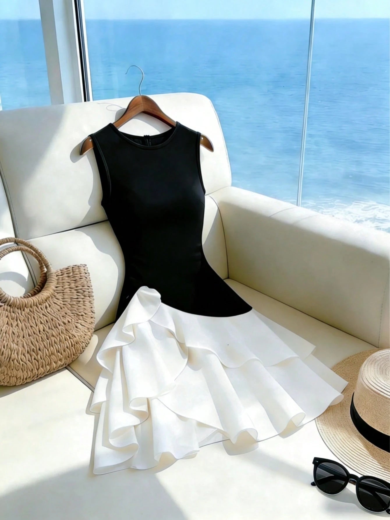 Franclia Chic Black And White Women's Tank Dress Elegant Sleeveless Round Neck Mini Colorblock Layered Tiered Hem Woven Summer Holiday Vacation Casual Dresses