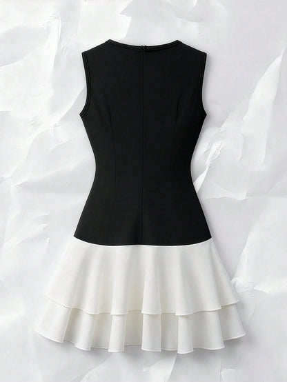 Franclia Chic Black And White Women's Tank Dress Elegant Sleeveless Round Neck Mini Colorblock Layered Tiered Hem Woven Summer Holiday Vacation Casual Dresses