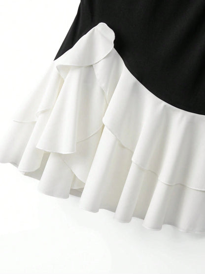Franclia Chic Black And White Women's Tank Dress Elegant Sleeveless Round Neck Mini Colorblock Layered Tiered Hem Woven Summer Holiday Vacation Casual Dresses